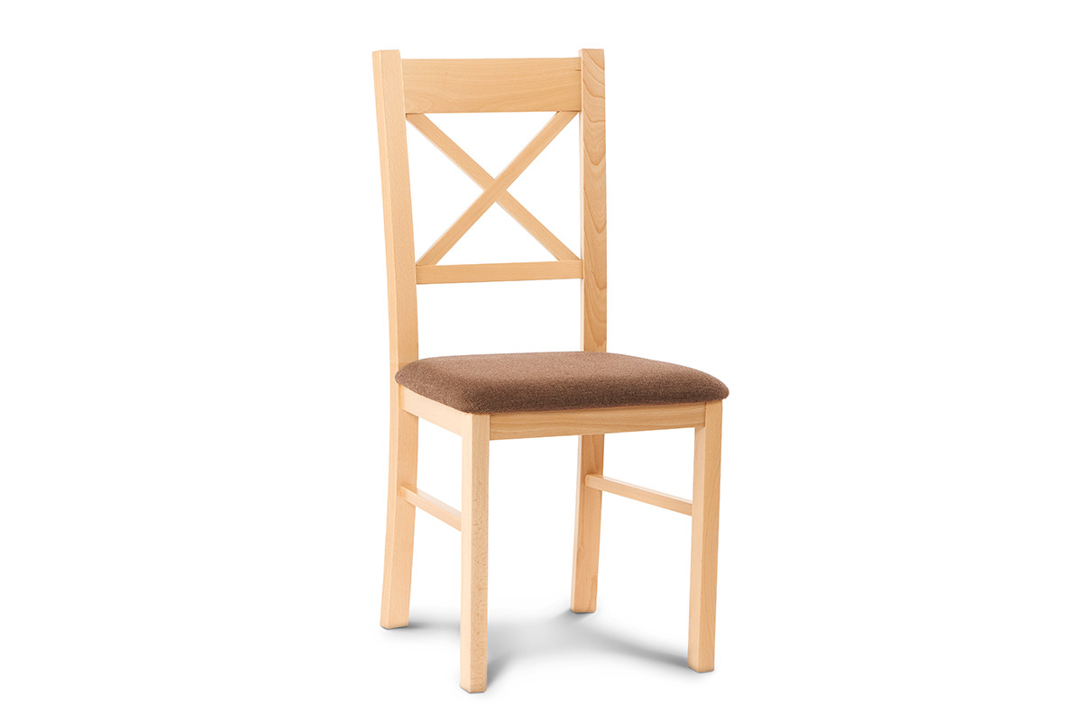Jednoduchá dřevěná židle s křížem v opěradle, buk, světle hnědá tkaná látka