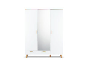 FRISK, https://konsimo.cz/kolekce/frisk/ Bílá šatní skříň ve skandinávském stylu se zrcadlem bílá/přírodní dub - obrázek
