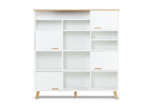 FRISK, https://konsimo.cz/kolekce/frisk/ Bílá nábytková stěna do obývacího pokoje ve skandinávském stylu bílá/přírodní dub - obrázek