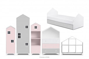 MIRUM, https://konsimo.cz/kolekce/mirum/ Růžová sestava nábytku pro dívku ve tvaru domečků 6 dílů bílá/šedá/růžová - obrázek