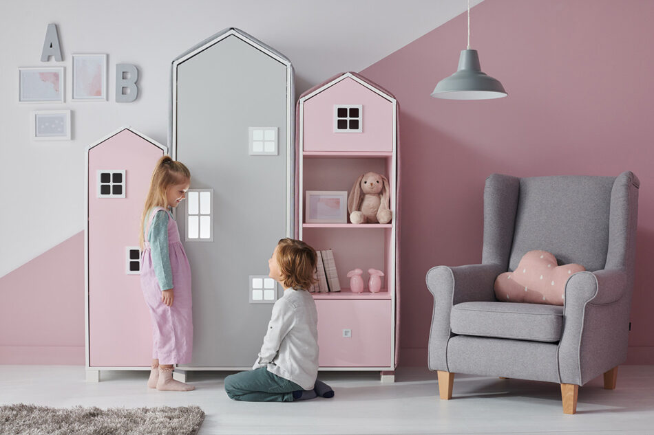 MIRUM Knihovna domeček se šuplíkem pro holčičku, růžová bílá/růžová - obrázek 1