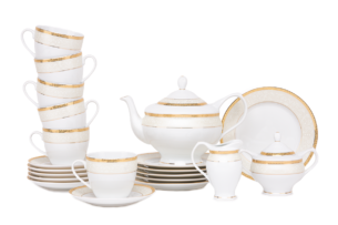 AGAWA GOLD, https://konsimo.cz/kolekce/agawa-gold/ Jídelní souprava polský porcelán pro 6 osob, 15 dílů bílý /zlatý vzor Zlato - obrázek