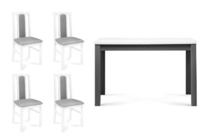 CIBUS, SILVA, https://konsimo.cz/kolekce/cibus-silva/ Bílý rozkládací jídelní stůl se 4 židlemi bílá/světle šedá|šedá/bílá - obrázek