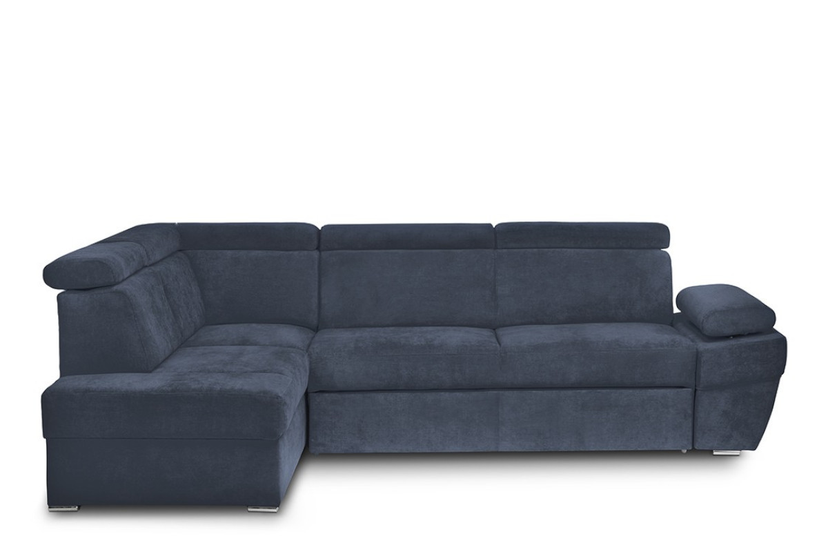 Rozkládací rohová pohovka do obývacího pokoje s úložným prostorem na lůžkoviny tmavě modrá levá