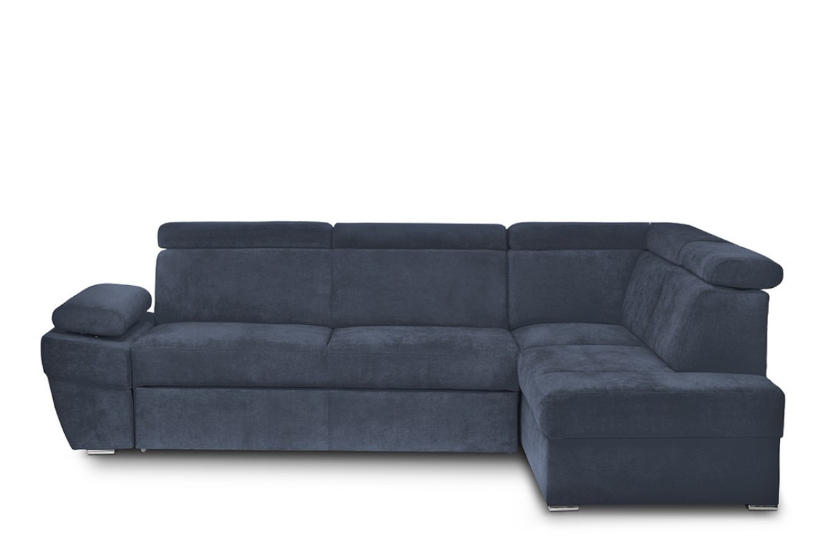 Rozkládací rohová pohovka do obývacího pokoje s úložným prostorem na lůžkoviny tmavě modrá pravá
