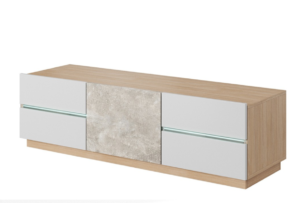FRIGI, https://konsimo.cz/kolekce/frigi/ TV skříňka s betonovým vzorem bílá / dub bílá/dub - obrázek