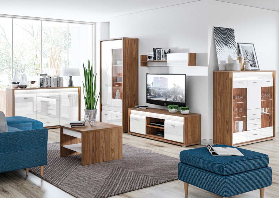 SULA TV skříňka do obývacího pokoje s policemi bílá / ořech bílá/přírodní ořech - obrázek 5