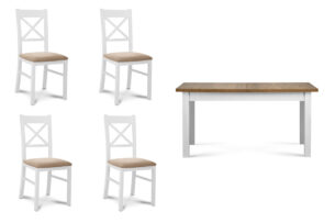 CRAM, LEMAS, https://konsimo.cz/kolekce/cram-lemas/ Velký rozkládací stůl se 4 židlemi bílá/dub bílá/béžová|bílá/tmavý dub - obrázek