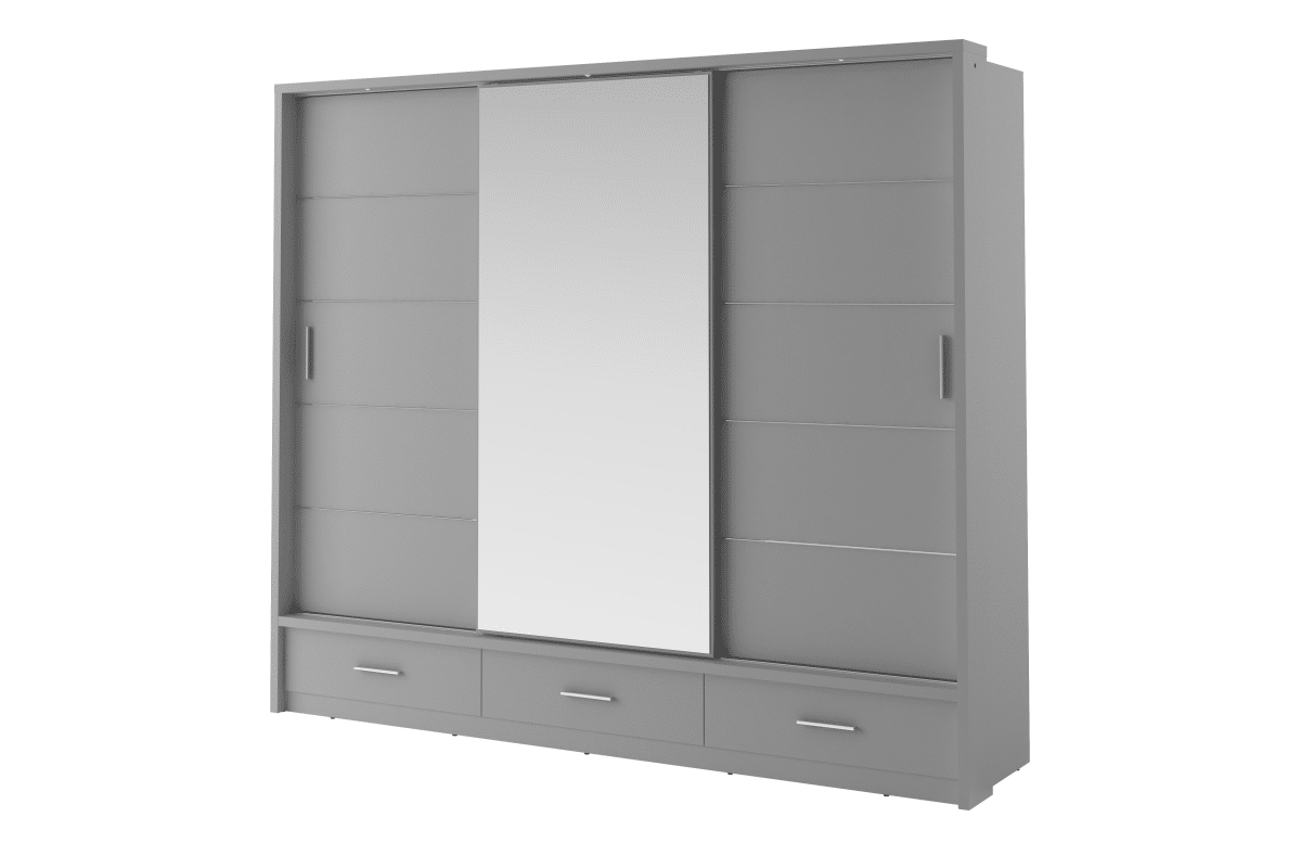 Velká třídveřová šatní skříň se zrcadlem šedá