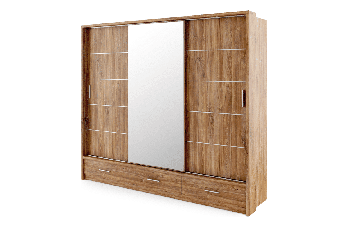 Velká třídveřová šatní skříň se zrcadlem dub