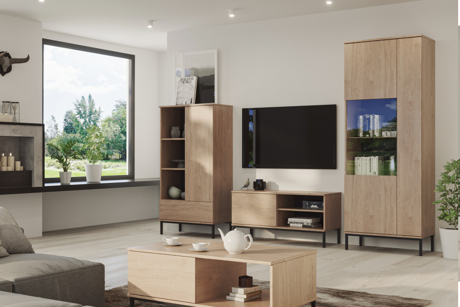 ERISTI TV skříňka v barvě hikora na černých nožkách do obývacího pokoje bílý ořech - obrázek 1