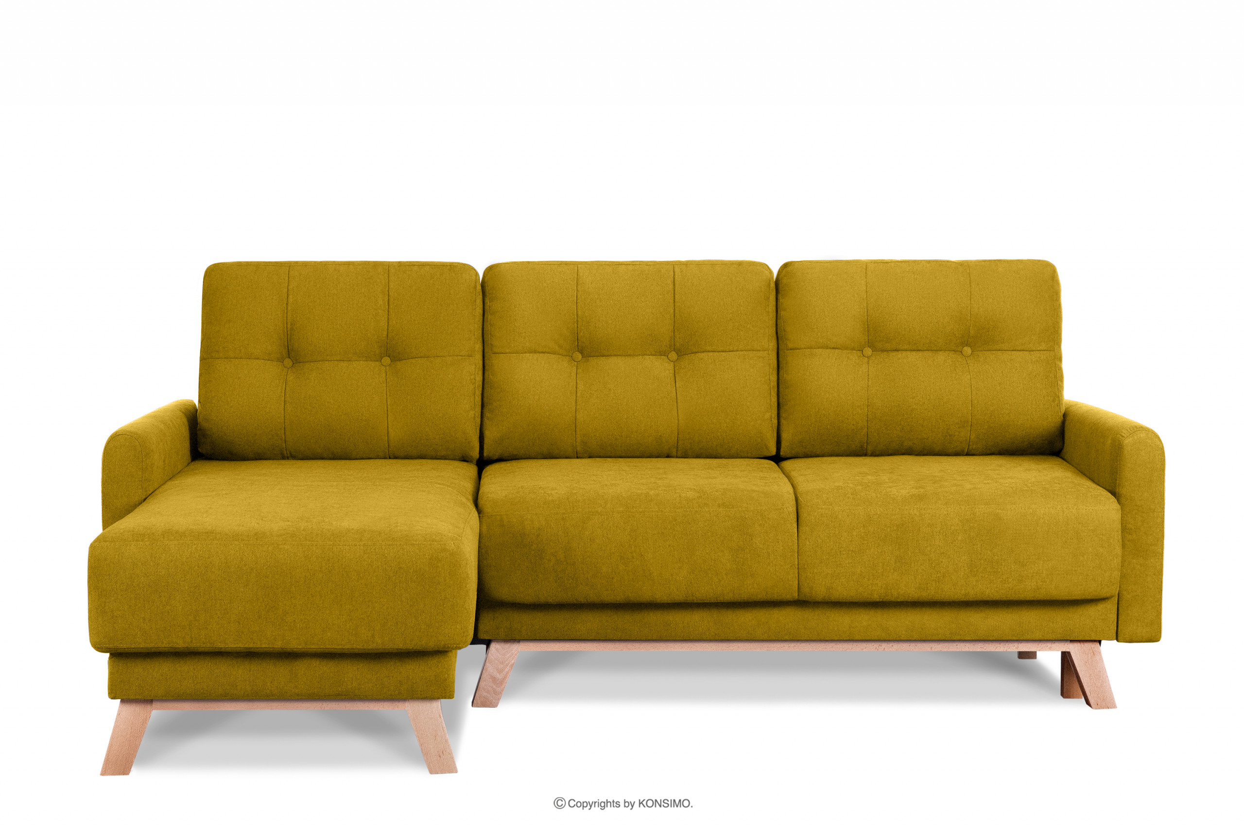 Rozkládací rohová pohovka do obývacího pokoje s úložným prostorem na lůžkoviny, žlutá, levá