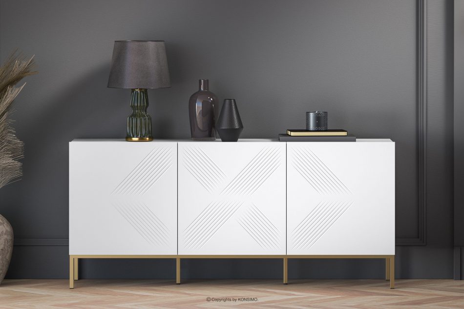 NEBRO Elegantní bílá třídveřová komoda na zlatých nožkách bílá/zlatá - obrázek 5