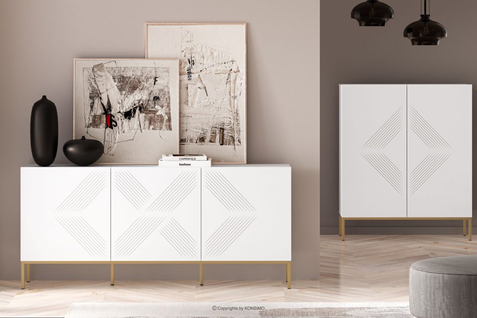 NEBRO Elegantní bílá třídveřová komoda na zlatých nožkách bílá/zlatá - obrázek 6