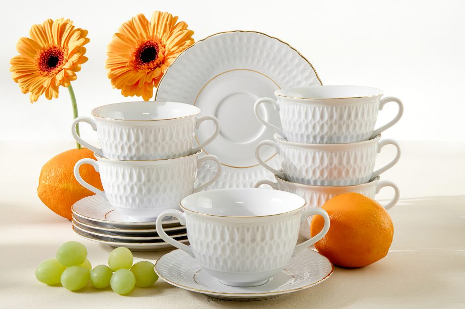 CMIELOW SOFIA Polévková mísa s podšálkem porcelánová zlatá řada 6 ks. bílá/zlatá - obrázek 1
