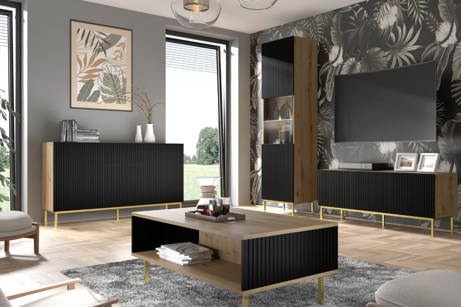 REMO RTV skříňka 200cm pod TV na zlatých nožkách dub artisan/ černá dub artisan/černá - obrázek 1