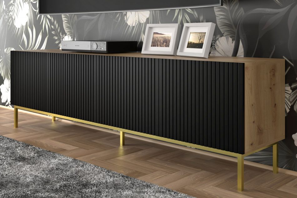 REMO RTV skříňka 200cm pod TV na zlatých nožkách dub artisan/ černá dub artisan/černá - obrázek 3